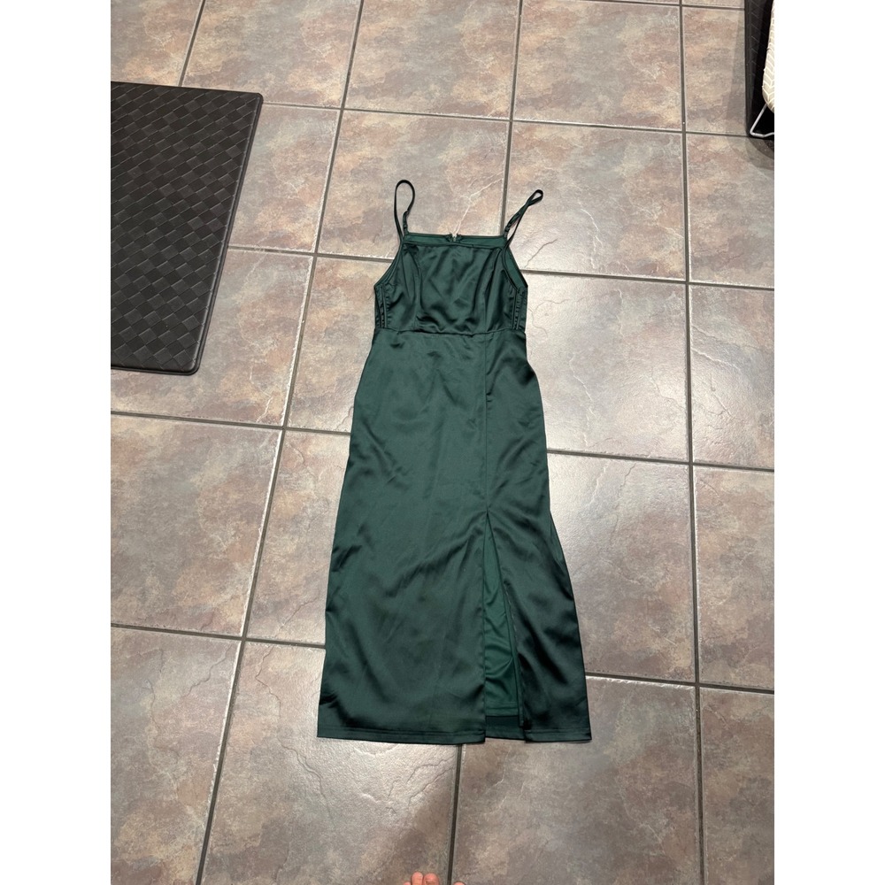 Lulus Emerald Green Satin Midi Dress Adjustable Straps Side Slit Small